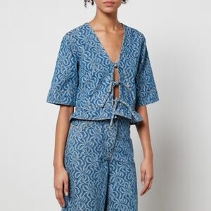 Ganni Jacquard Denim Tie-Front Blouse
